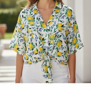 Tamara H Lemon Print Tie Front Blouse Size Large Tropical Summer
